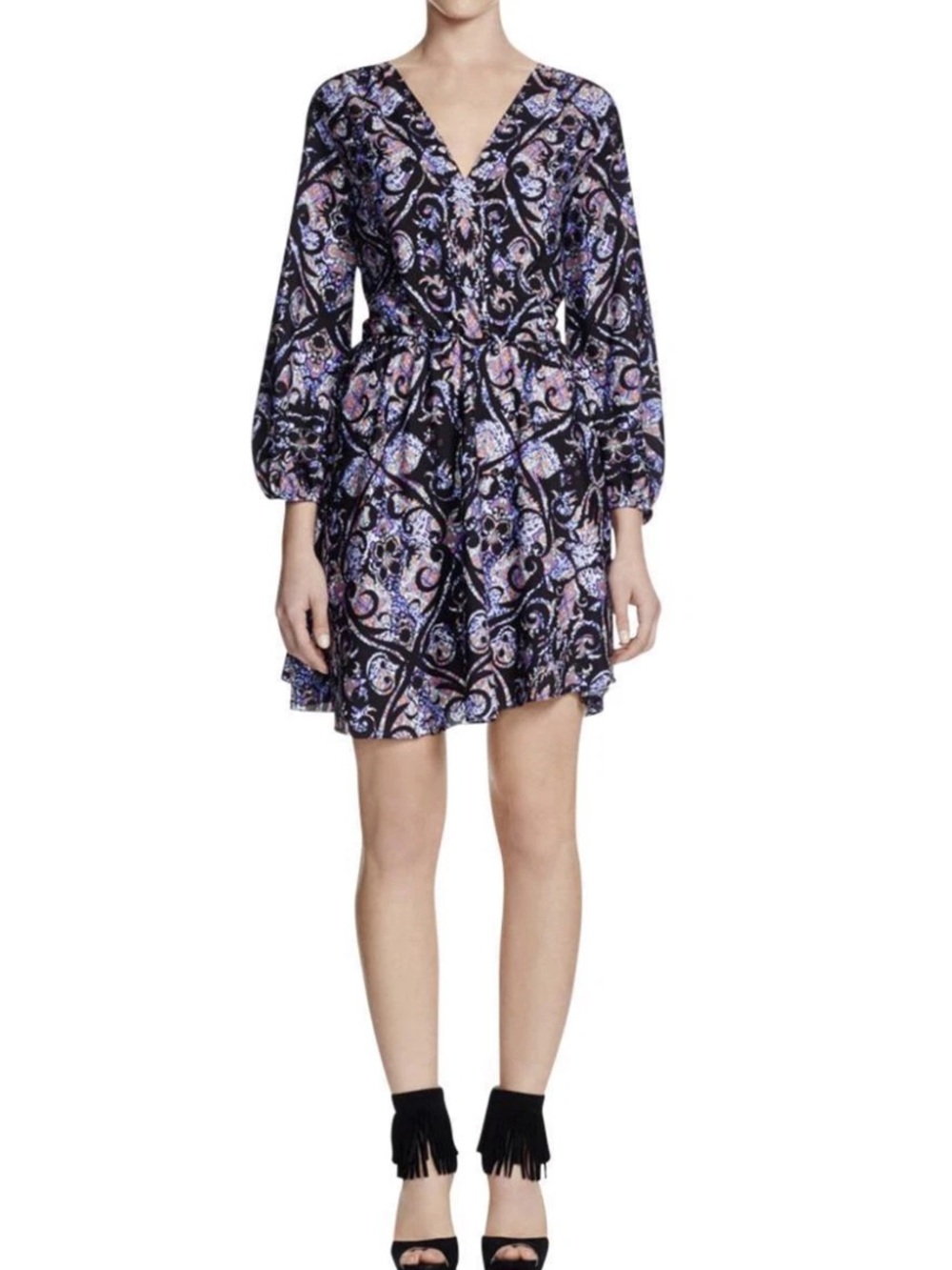 Amanda Uprichard Chelsea Silk Dress Floral Paisley Surplice Long Sleeve Small